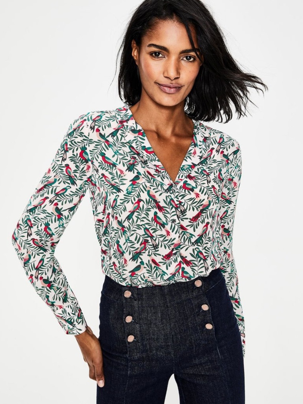 Boden Tabitha 100% Silk White Blouse with Red & Green Bird Print - Picture 2 of 16